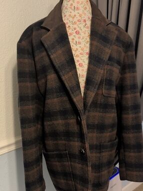 Men's Brown & Black Plaid Wool Blend Jacket By Madison Creek